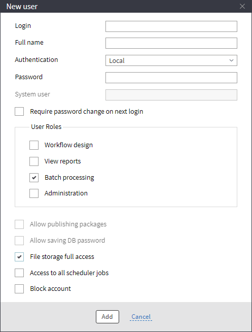 Settings for a user with batch execution access