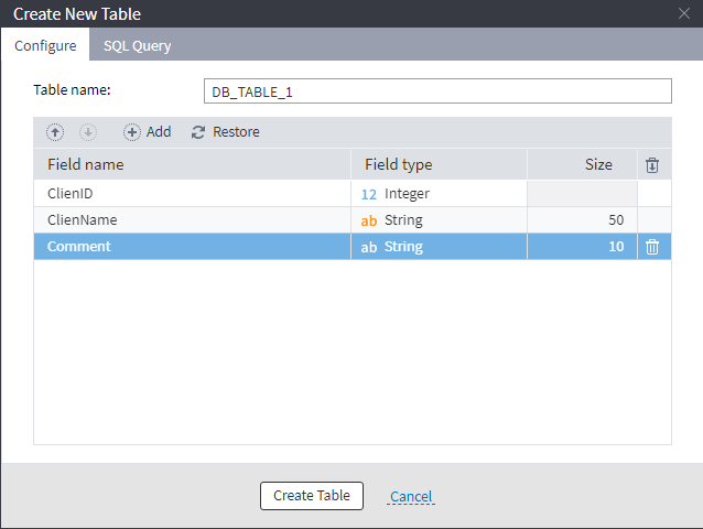 Configure fields of the new table
