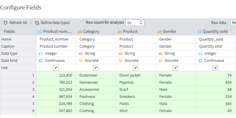 Displaying data at the Configure Fields page