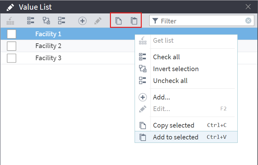 Value list toolbar in Row Filter