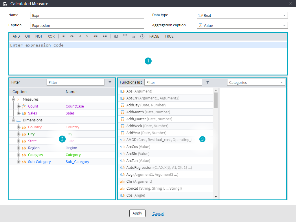 Configuration window of the calculated measure